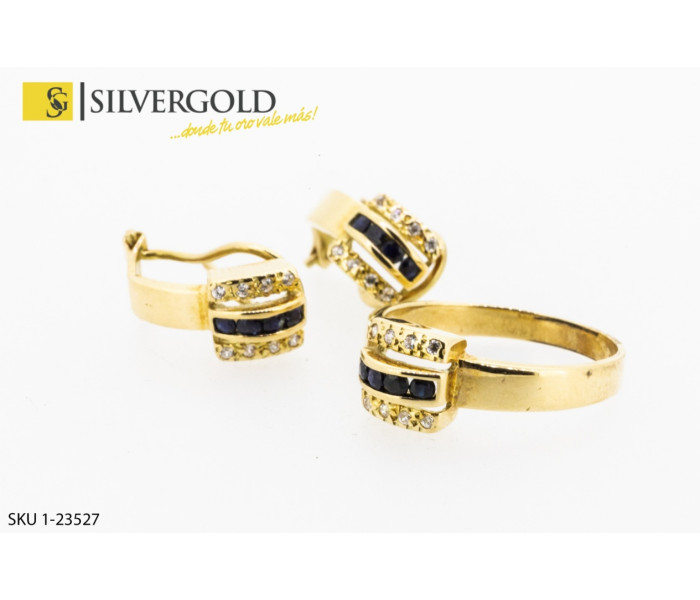 1-1-23527-1-Conjunto de anillo y pendientes , con detalles de piedra tipo zafiro y circonitas. Oro 18 kt.