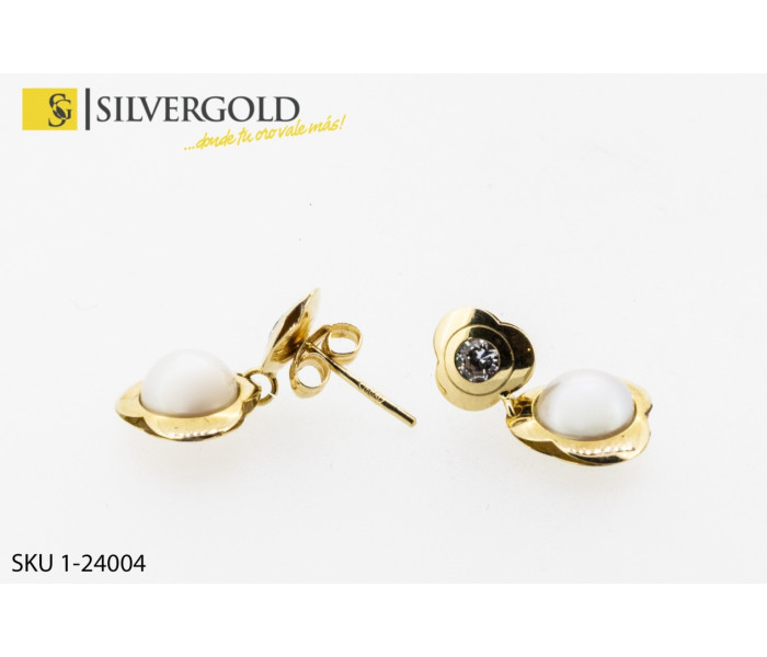 1-1-24004-1-Pendientes colgantes con circonita y perla. Oro 18 kt.