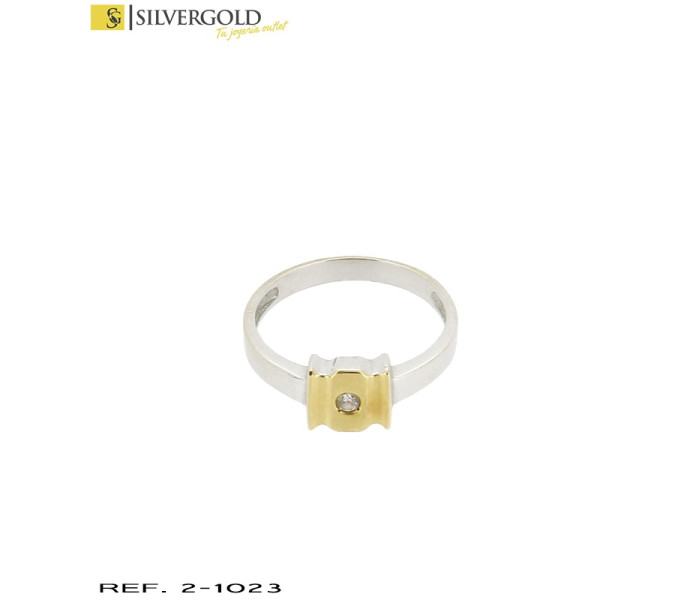 1-2-1023-1-anillo oro blanco tipo solitario con detalle en oro amarillo con zirconita. Talla 16.5