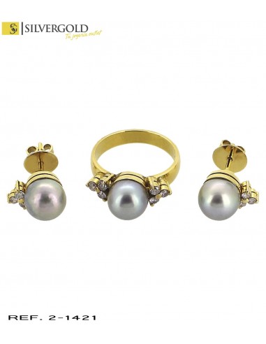1-2-1421-1-DIA-Conjunto anilloT13 y pendientes con perla gris y 3 diamantes en garra a cada lado
