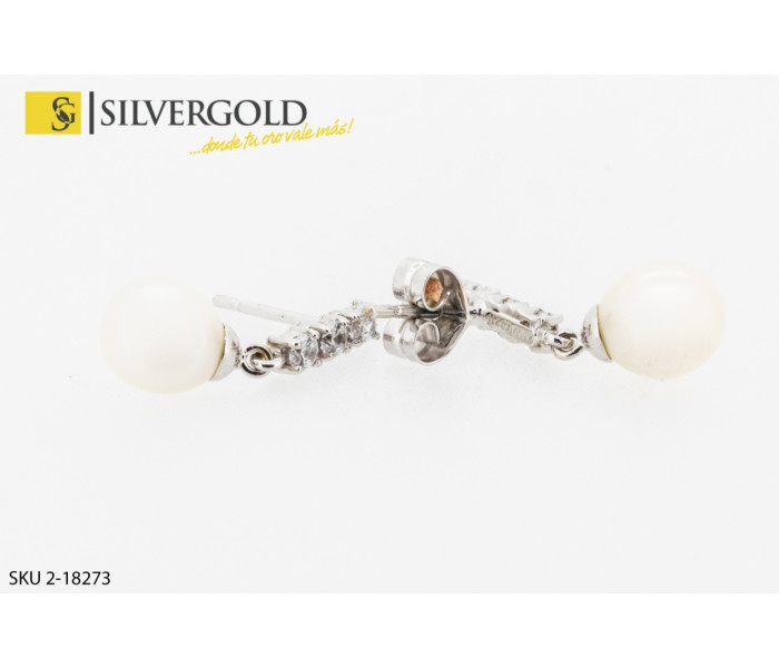 1-2-18273-1-Par de pendientes oro blanco con perla blanca y 3 circonitas. Oro 18 kt.