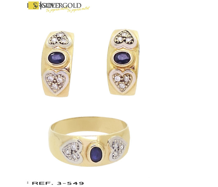1-3-549-1-Conjunto oro 18Kt. anillo y pendientes con piedra tipo zafiro circonitas L 3761