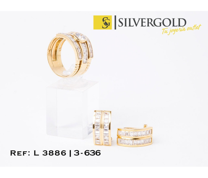 1-3-636-1-Conjunto anillo (T.22) pendientes cierre omega zirconitas talla baguette L 3886