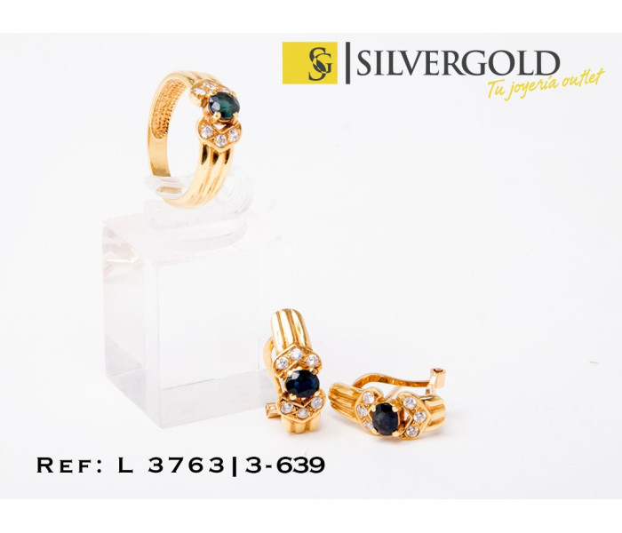1-3-639-1-Conjunto oro 18Kt. de anillo y pendientes con zafiro y circonitas L 3763
