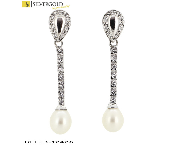 1-3-12476-1-Pendientes en oro blanco colgantes con lineas de zirconita y perla en extremo inferior, cierres de