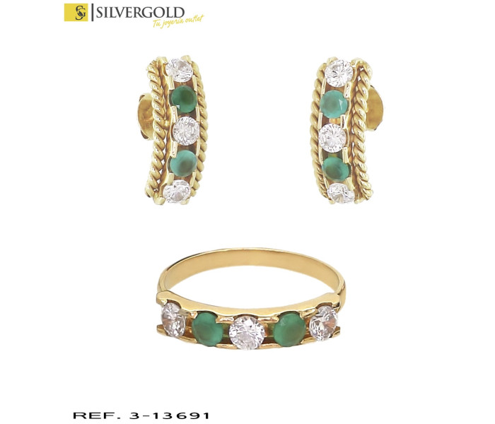 1-3-13691-2-Conjunto oro 18Kt. de anillo y pendientes con piedras verdes y zirconitas