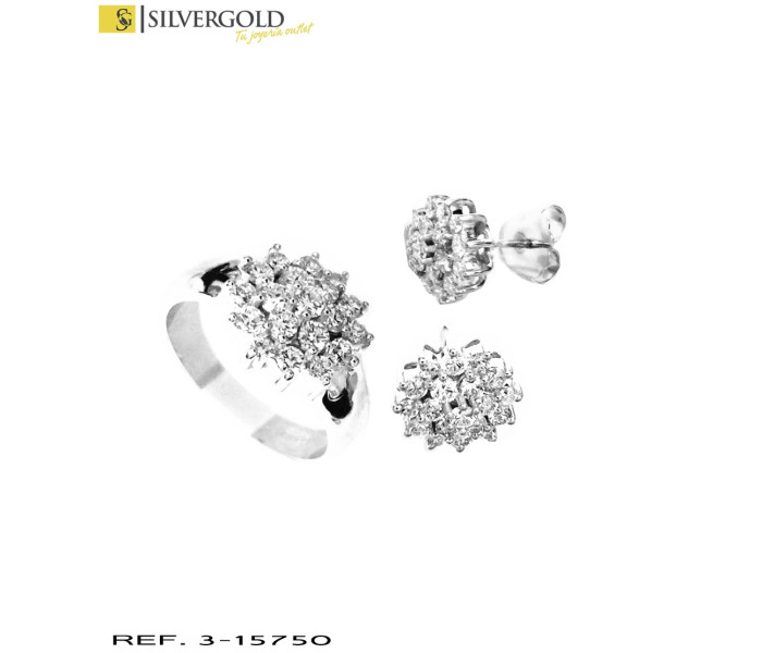 1-3-15750-1-Dia-Conjunto oro blanco 18Kt. de anillo y pendientes con rosetón de diamantes
