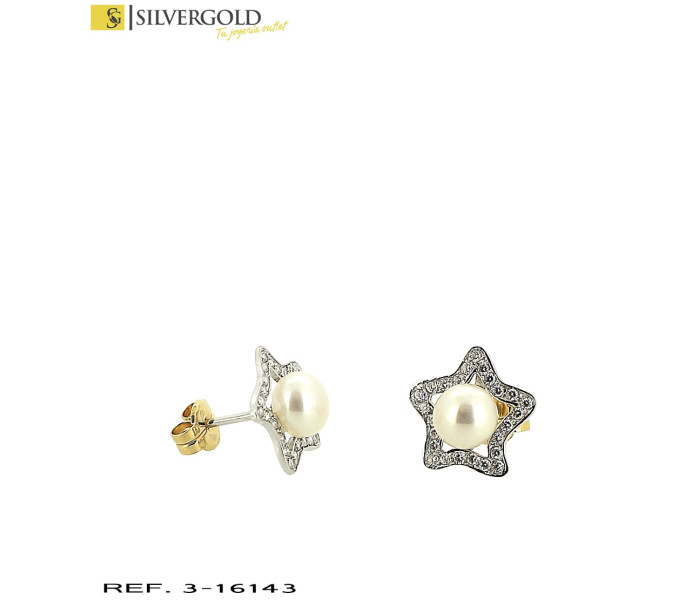 1-3-16143-1-Pendientes oro bicolor 18Kt. de estrella con perla y circonitas