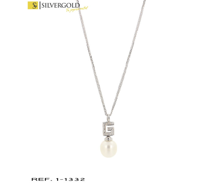 1-1-1332-1-DIA-Cadena efecto espigada con colgante letra G con detalle de diamantes y perla . Oro blanco