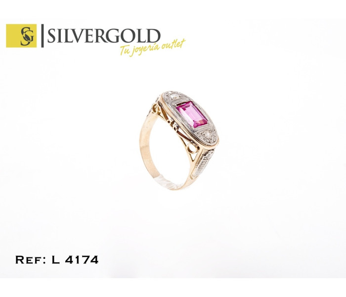 1-5-490-1-DIA-Anillo oro 14Kt. bicolor forma oval con Rubí y 2 diamantes blancos L4174
