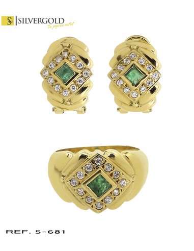 1-5-681-3-Conjunto oro 18Kt. de anillo pendientes y colgante piedra tipo esmeralda y circonitas L 4526.Contras