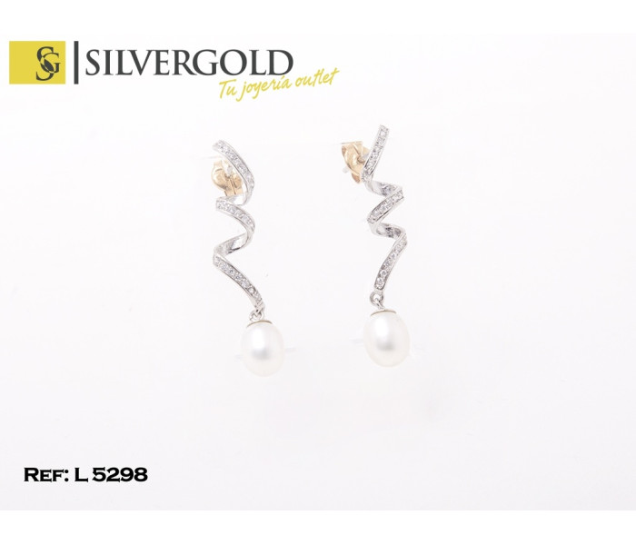 1-5-692-1-Pendientes en oro blanco tirabuzÃn de chispitas y terminaciÃn en perla de rÃo L5298