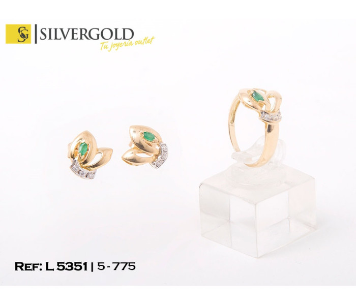 1-5-775-1-Conjunto oro 18Kt. de anillo y pendientes con piedra tipo esmeralda L5351