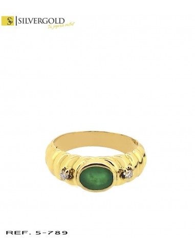 1-5-789-1-DIA-AnilloT15 gallonado con piedra verde tipo esmeralda oval y dos diamantes