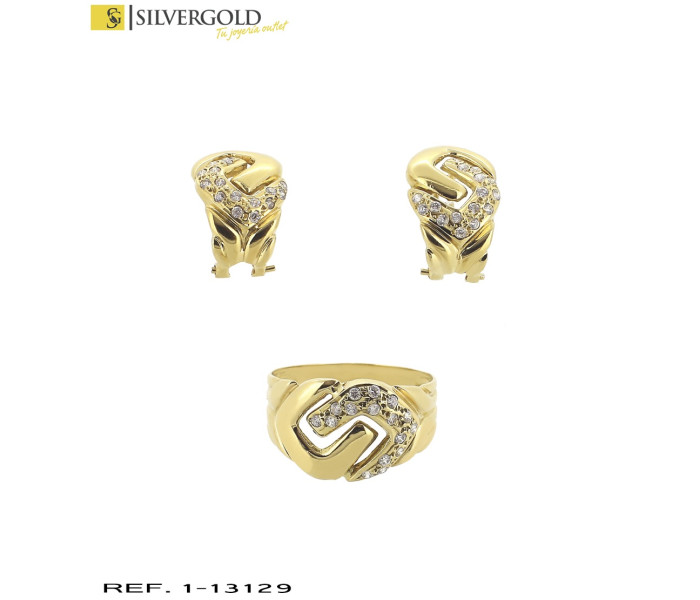 1-1-13129-1-ConjuntoT18 oro 18Kt. de anillo y pendientes con cierre omega con calados y detalles de zirconitas