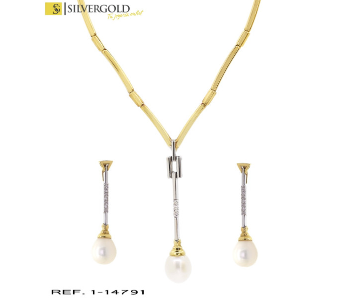 1-1-14791-2-D-Conjunto oro bicolor 18Kt. de gargantilla y pendientes con detalle de diamantes y perla