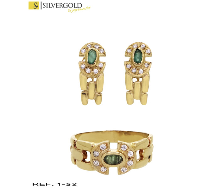 1-1-52-2-Conjunto oro 18Kt. de pendientes y anillo con piedra tipo esmeraldaL4121